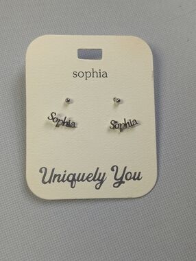 Sophia Name Stud Earrings Silver Tone Script Personalized Jewelry Gift